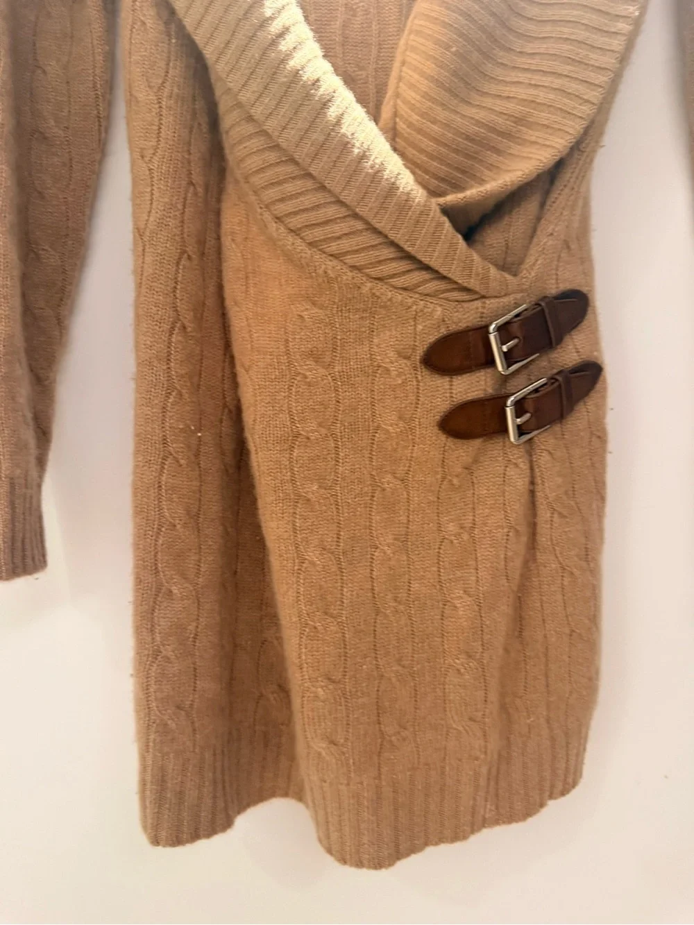Ralph Lauren Tan Cashmere Cable-Knit Shawl Collar Cardigan with Buckle Tabs